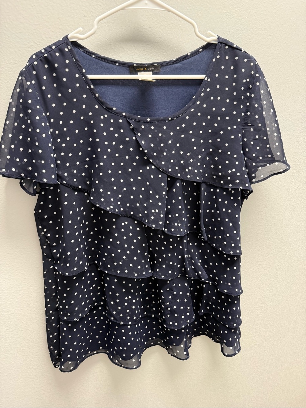 Jessica Navy and White Polka Dot Ruffle Blouse